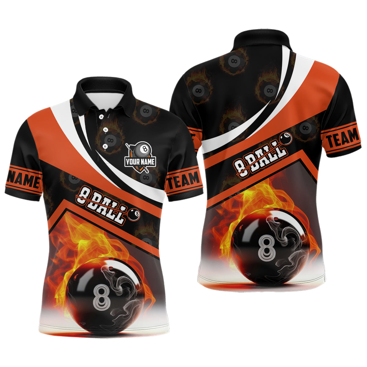 Personalized 8 Ball Pattern Flame Billiard Orange 3D Polo Shirts For Men, Custom Billiards Jerseys VHM0346