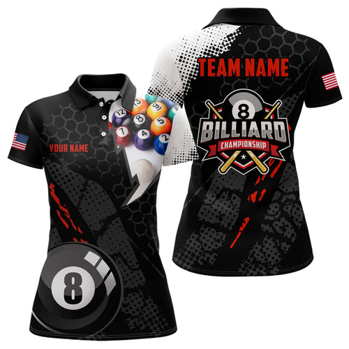Personalized 3D Billiard Balls Black Polo Shirts For Women, Custom US Flag 8 Ball Billiard Jerseys VHM0574
