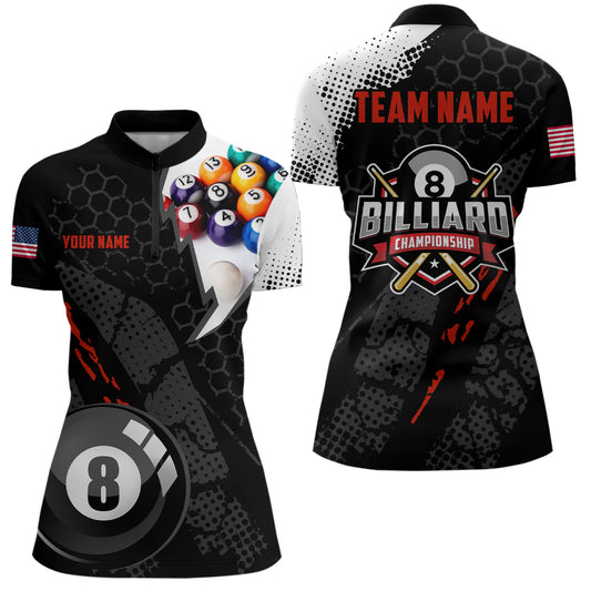 Personalized 3D Billiard Balls Black Quarter-Zip Shirts For Women, US Flag 8 Ball Billiard Jerseys VHM0574