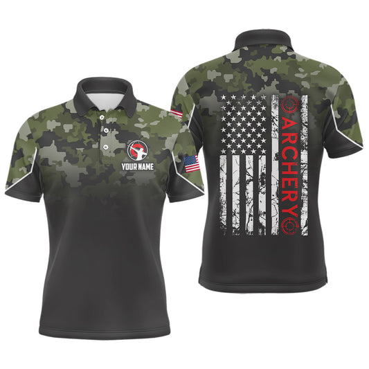 Personalized Green Camouflage Archery Polo Shirts For Men Custom Grunge US Flag Archery Shirts VHM0737