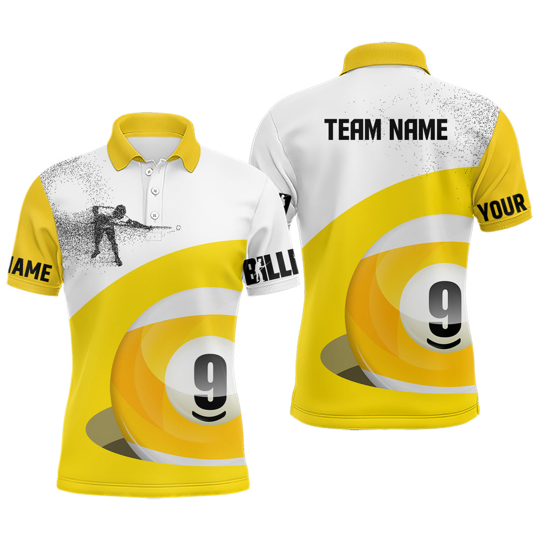Personalized 3D Funny Billiard Player Polo Shirts For Men, Yellow Custom 9 Ball Pool Jerseys VHM0123