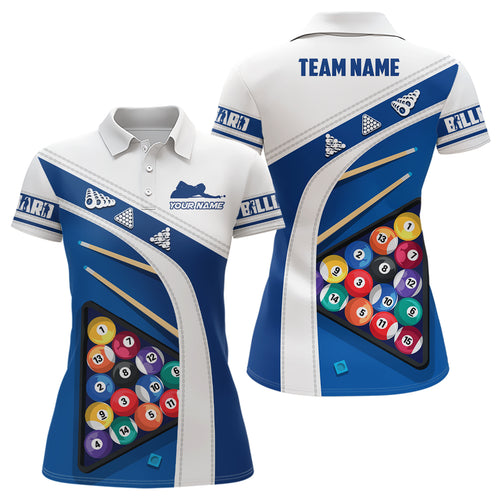 Personalized Blue White Billiard Balls 3D Polo Shirts For Women, Custom 8 Ball Billiards Jerseys VHM0126
