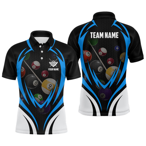 Funny Pool Balls Billiards Custom Name 3D Polo Shirts For Men, Custom Pool Billiard Blue Jerseys VHM0127