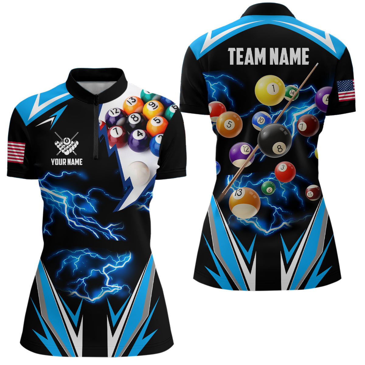 Personalized Thunder Blue Billiard Balls Shirt For Women Custom US Billiard Jerseys 8 Ball Pool Shirts VHM1194