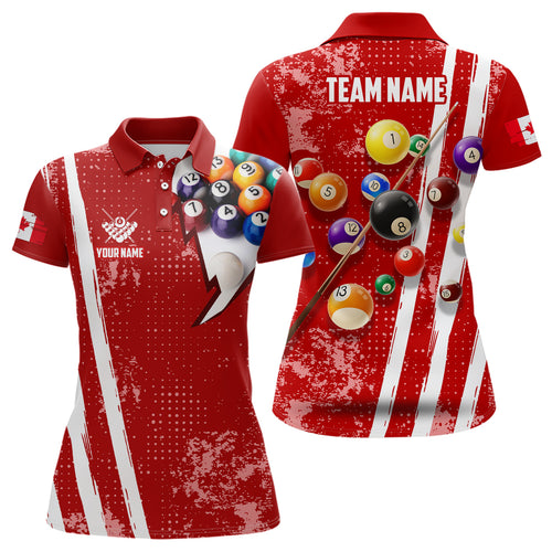 Personalized Red 3D Billiard Balls Polo Shirts For Women, Custom Canadian Flag 8 Ball Pool Jerseys VHM0757