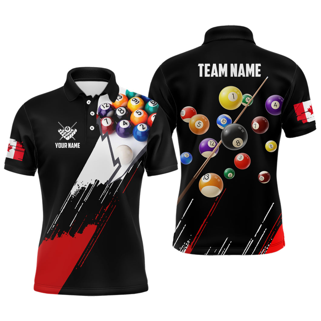 Personalized Red Black Billiard Balls Polo Shirts For Men, Custom Canadian Flag 8 Ball Pool Shirts VHM0758