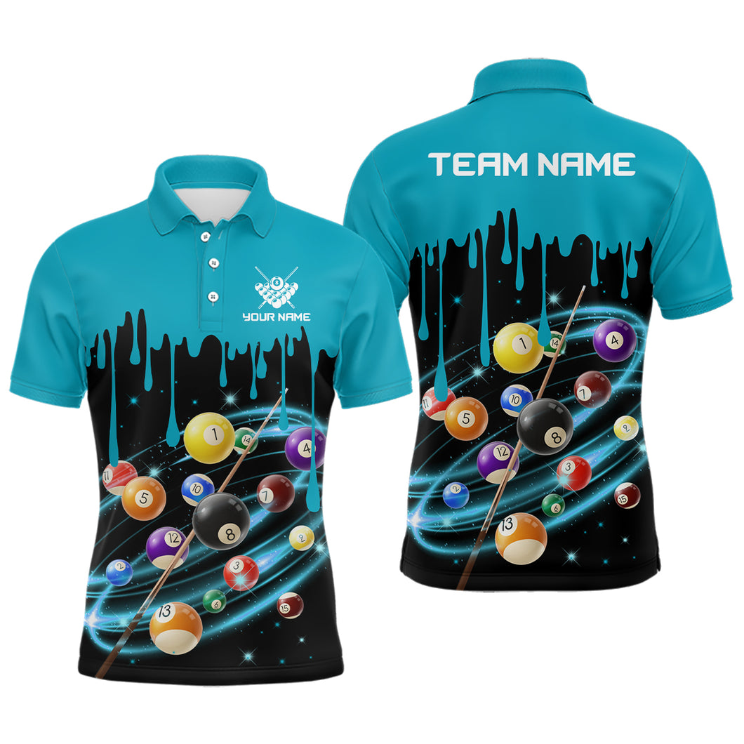 Personalized Blue Paint 8 Ball Billiard 3D Polo Shirts For Men, Custom Pool Billiards Jerseys VHM0400