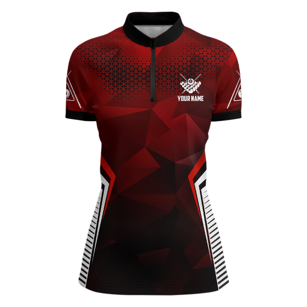 Personalized Red Black 8 Ball Pool 3D Quarter-Zip Shirts For Women, Custom 8 Ball Billiard Jerseys VHM0770