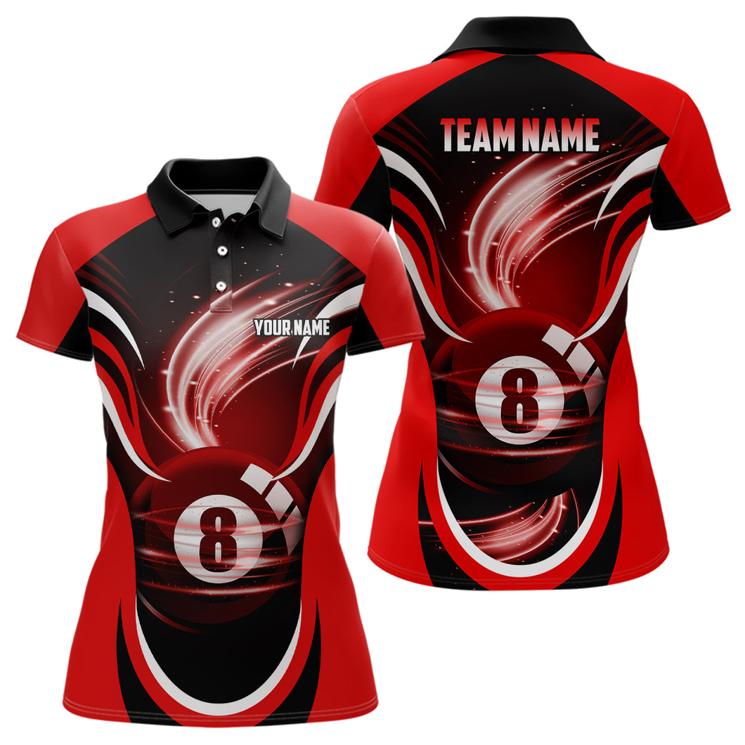 Personalized Red Black 3D 8 Ball Pool Polo Shirts For Women, Custom Billiard 8 Ball Pool Team Shirts VHM0772