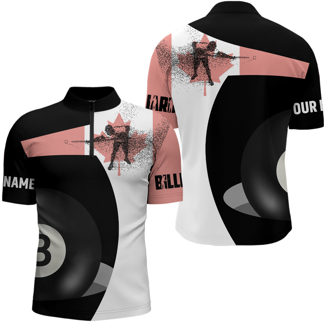 Personalized Canadian Flag 8 Ball Pool Billiard Quarter-Zip Shirts For Men, Custom Billiards Jerseys VHM0631
