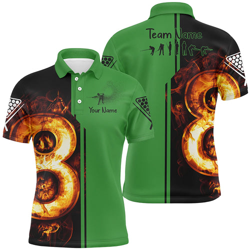 Personalized Green Funny Pool Player 3D Fire Billiard Polo Shirts For Men, 8 Ball Billiard Shirts TDM0088