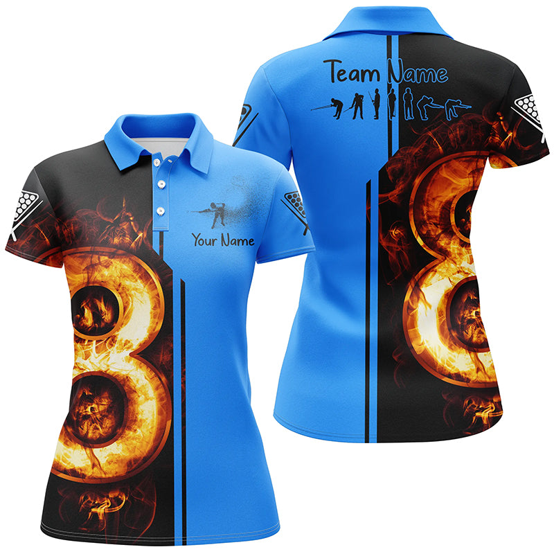 Personalized Blue Funny Pool Player 3D Fire Billiard Polo Shirts For Women, 8 Ball Billiard Shirts TDM0089