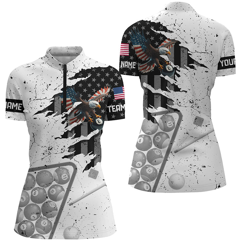 Customized Eagle Retro US Flag Women Billiard Quarter-Zip Shirt, Patriotic Pool Player Shirts TDM1100