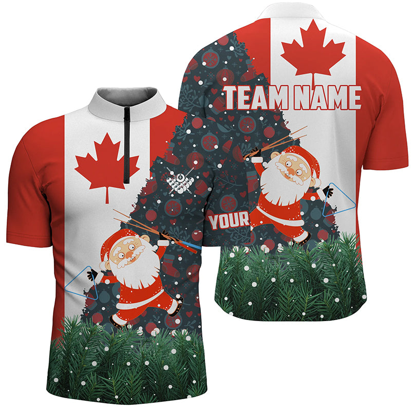 Funny Christmas Santa And Billiard Canada Flag Custom Men Quarter-Zip Shirts For Patriot TDM0586