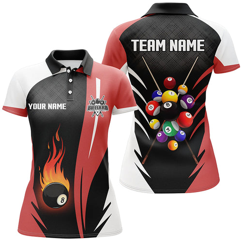 Personalized 8 Ball Pool Flame Billiard Women Polo Shirts Custom Billiard Team Uniform Shirts | Red TDM0395