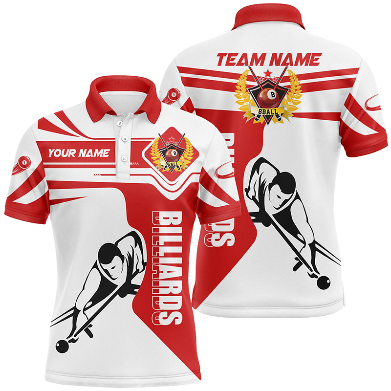 Personalized Billiard White And Red Pool Player Polo Shirts For Men, Custom Name Team For Player TDM0171