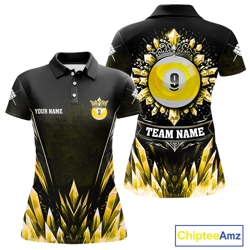 Personalized 3D Yellow Icy Funny 9 Ball Pool Crown Women Billiard Polo Shirts Custom Billiard Jerseys TDM1297