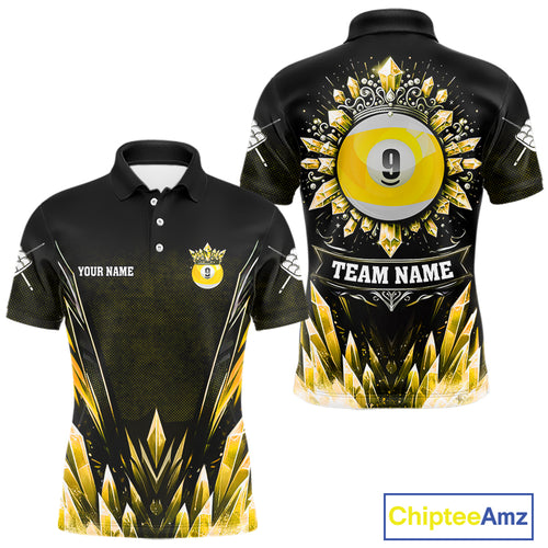 Personalized 3D Yellow Icy Funny 9 Ball Pool Crown Men Billiard Polo Shirts Custom Billiard Jerseys TDM1297