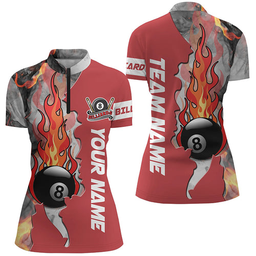 Personalized 8 Ball Fire Smoke Red Billiard Women Quarter-Zip Shirts Custom Billiard Attire TDM0425