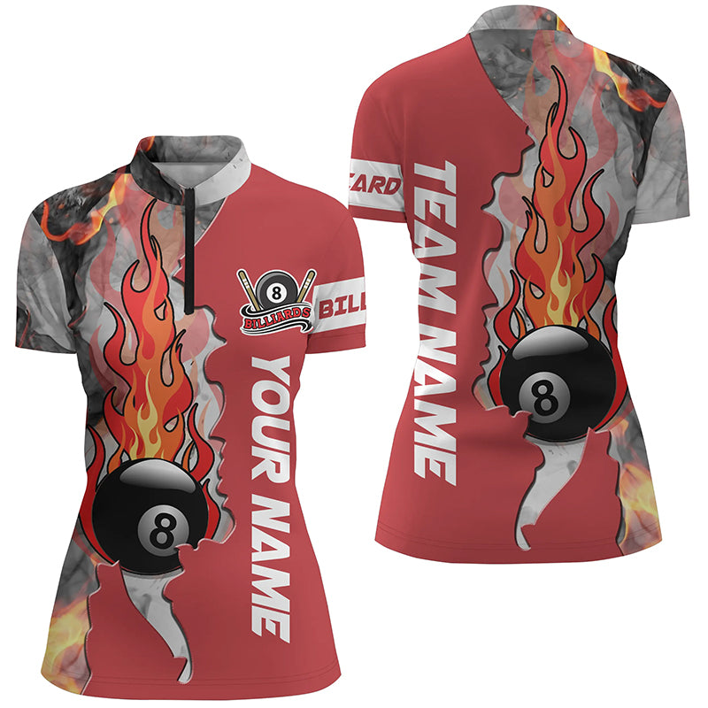 Personalized 8 Ball Fire Smoke Red Billiard Women Quarter-Zip Shirts Custom Billiard Attire TDM0425