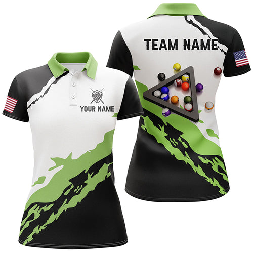 Personalized 3D Black Green Billiard Balls Polo Shirts For Women Custom Team Name Billiard Jerseys TDM1059