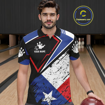 Man wearing a grunge Texas flag bowling polo shirt at a bowling alley front view.