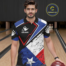 Load image into Gallery viewer, Man wearing a grunge Texas flag bowling polo shirt at a bowling alley front view.