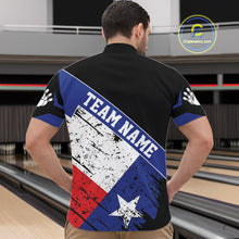 Load image into Gallery viewer, Back view of man wearing a grunge Texas flag bowling quarter zip shirt in a bowling alley.