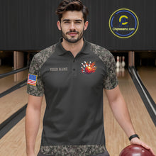 Load image into Gallery viewer, Man wearing personalized retro camo US flag patriotic bowling polo shirt front view.