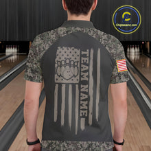Load image into Gallery viewer, Man wearing personalized retro camo US flag patriotic bowling polo shirt back view.