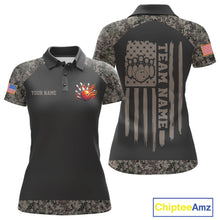 Load image into Gallery viewer, Personalized retro camo US flag patriotic bowling league team jersey polo shirt for women, custom bowling team apparel with vintage camouflage design.