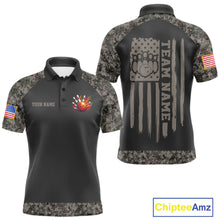 Load image into Gallery viewer, Personalized retro camo US flag patriotic bowling league team jersey polo shirt for men, custom bowling team apparel with vintage camouflage design.