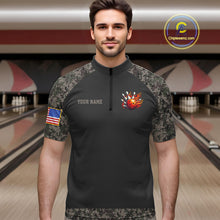 Load image into Gallery viewer, Man wearing personalized retro camo US flag patriotic bowling quarter zip shirt front view.