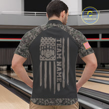 Load image into Gallery viewer, Man wearing personalized retro camo US flag patriotic bowling quarter zip shirt back view.