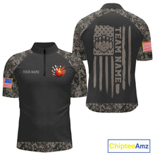 Load image into Gallery viewer, Personalized retro camo US flag patriotic bowling league quarter zip shirt for men, custom bowling team jersey.