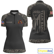 Load image into Gallery viewer, Personalized retro camo US flag 8 ball pool billiard quarter zip shirt for women, custom patriotic pool team jersey.