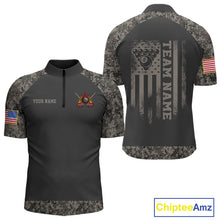 Load image into Gallery viewer, Personalized retro camo US flag 8 ball pool billiard quarter zip shirt for men, custom patriotic pool team jersey.