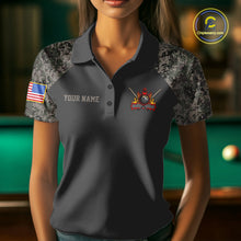 Load image into Gallery viewer, Woman wearing personalized retro camo US flag patriotic 8 ball pool billiard polo shirt front view.
