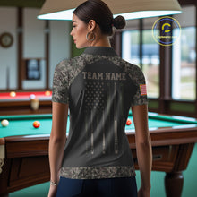 Load image into Gallery viewer, Woman wearing personalized retro camo US flag patriotic 8 ball pool billiard polo shirt back view.