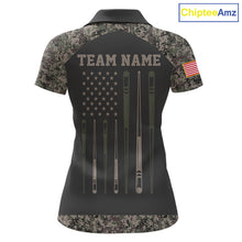 Load image into Gallery viewer, Personalized retro camo US flag patriotic 8 ball pool billiard team jersey polo shirt for women, custom pool league apparel and tournament jersey with vintage camouflage design.