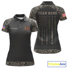 Load image into Gallery viewer, Personalized retro camo US flag patriotic 8 ball pool billiard team jersey polo shirt for women, custom pool league apparel and tournament jersey with vintage camouflage design.