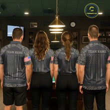 Load image into Gallery viewer, Billiard team wearing matching retro camo US flag patriotic 8 ball pool jerseys back view.