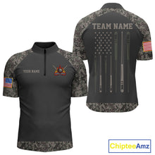 Load image into Gallery viewer, Personalized retro camo US flag patriotic 8 ball pool billiard quarter zip shirt for men, custom 8 ball pool team jersey and league apparel.