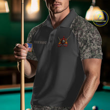 Load image into Gallery viewer, Man wearing personalized retro camo US flag patriotic 8 ball pool billiard polo shirt front view.