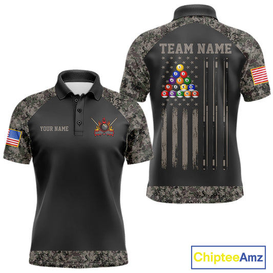 Personalized retro camo US flag patriotic 8 ball pool billiard team jersey polo shirt for men, custom pool league apparel and tournament jersey.