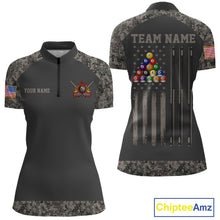 Load image into Gallery viewer, Personalized retro camo US flag patriotic 8 ball pool billiard quarter zip shirt for women, custom patriotic pool team jersey.
