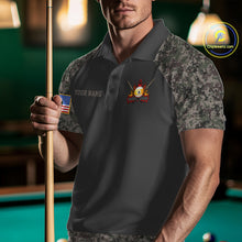 Load image into Gallery viewer, Man wearing personalized retro camo US flag patriotic 9 ball pool billiard polo shirt front view.