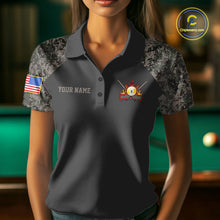 Load image into Gallery viewer, Woman wearing personalized retro camo US flag patriotic 9 ball pool billiard polo shirt front view.
