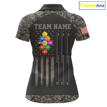 Load image into Gallery viewer, Personalized retro camo US flag patriotic 9 ball pool billiard team jersey polo shirt for women, custom pool league apparel and tournament jersey.