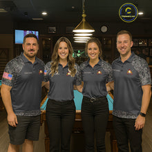 Load image into Gallery viewer, Billiard team wearing matching retro camo US flag patriotic 9 ball pool jerseys front view.